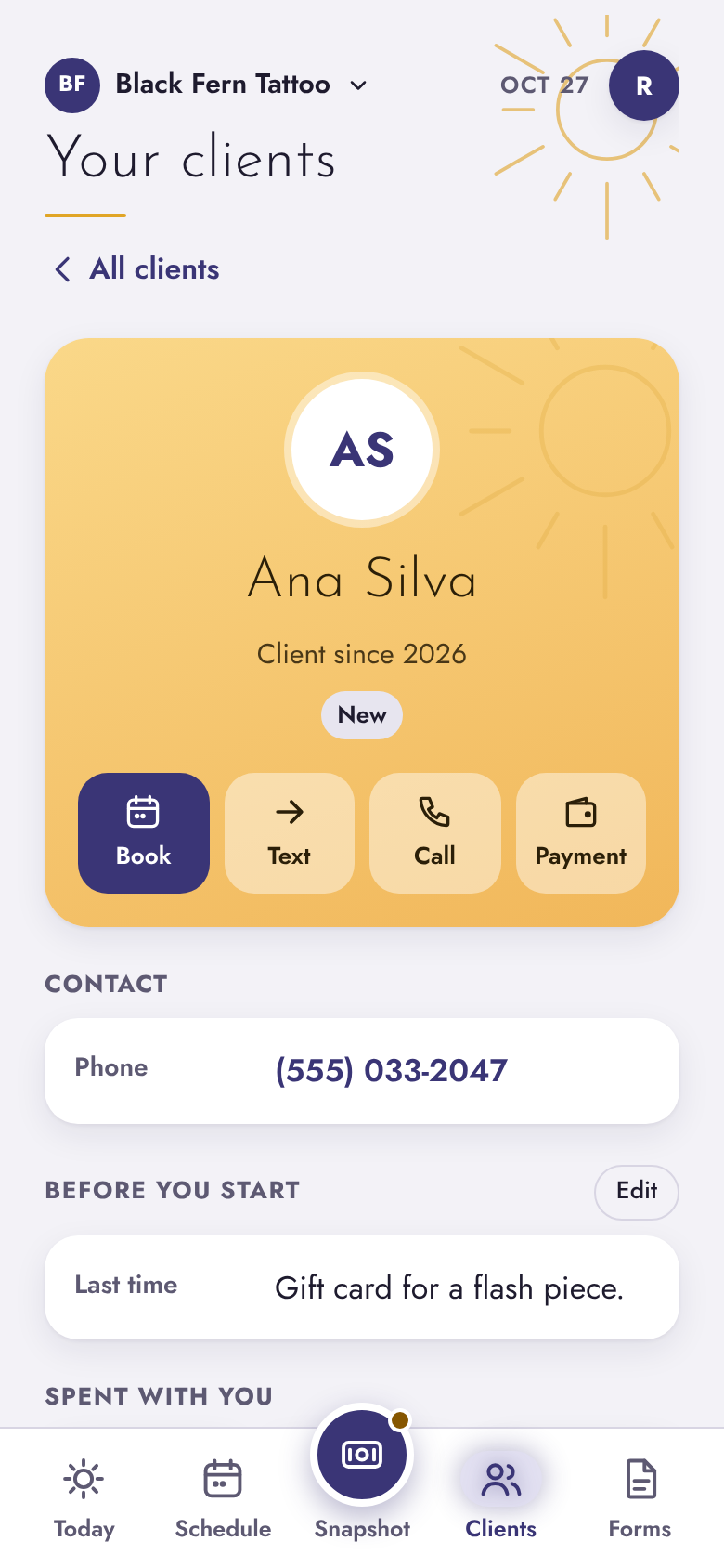 A tattoo artist's client page in SolePro