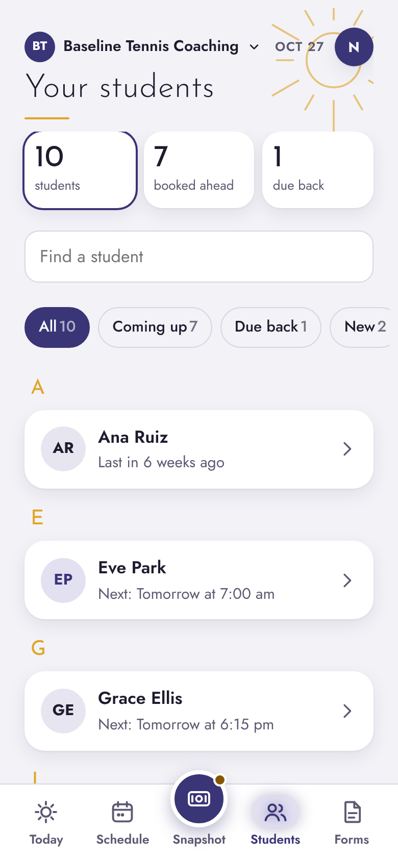 A tennis coach's students list in SolePro