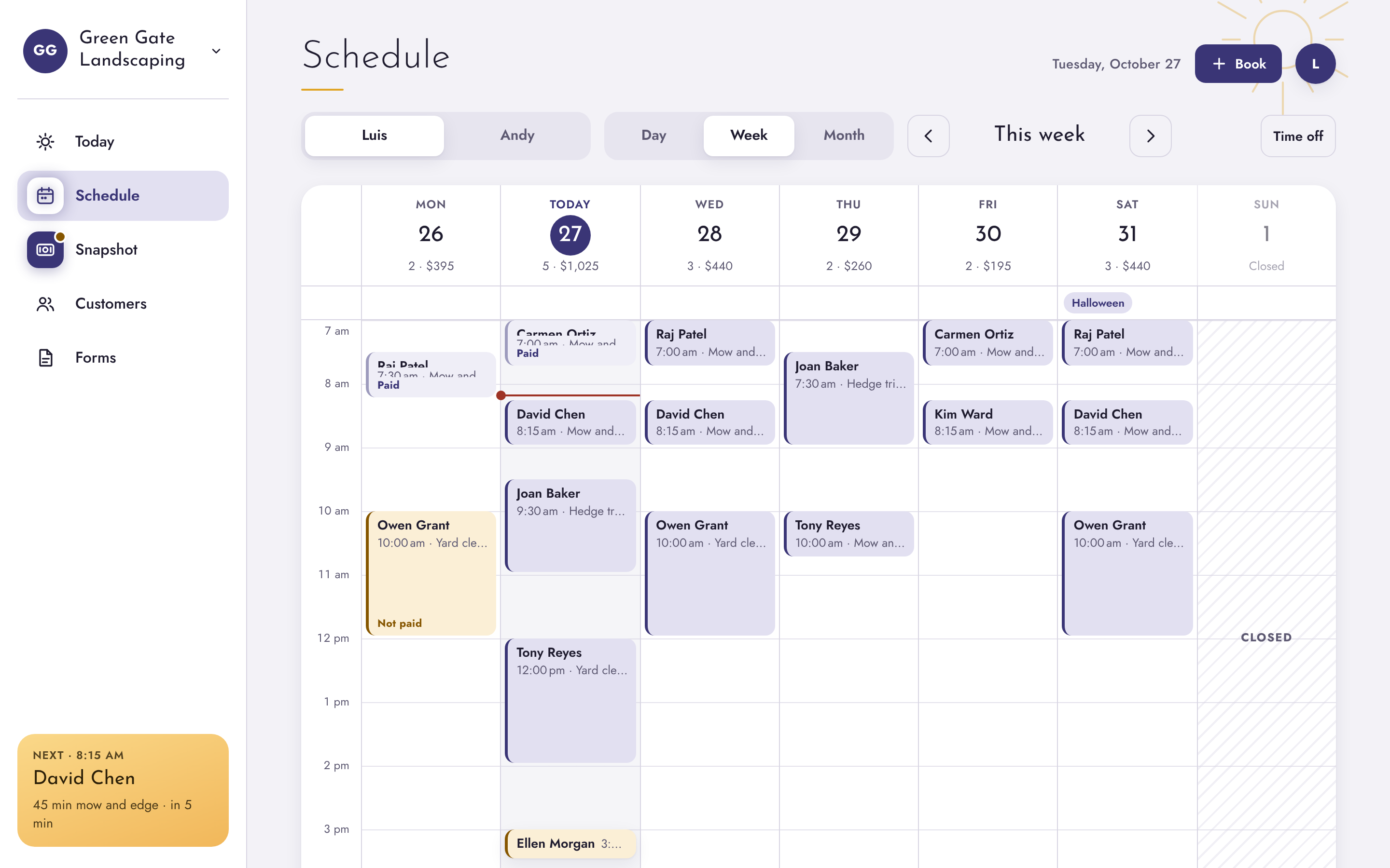 SolePro on a computer showing a landscaping crew's week
