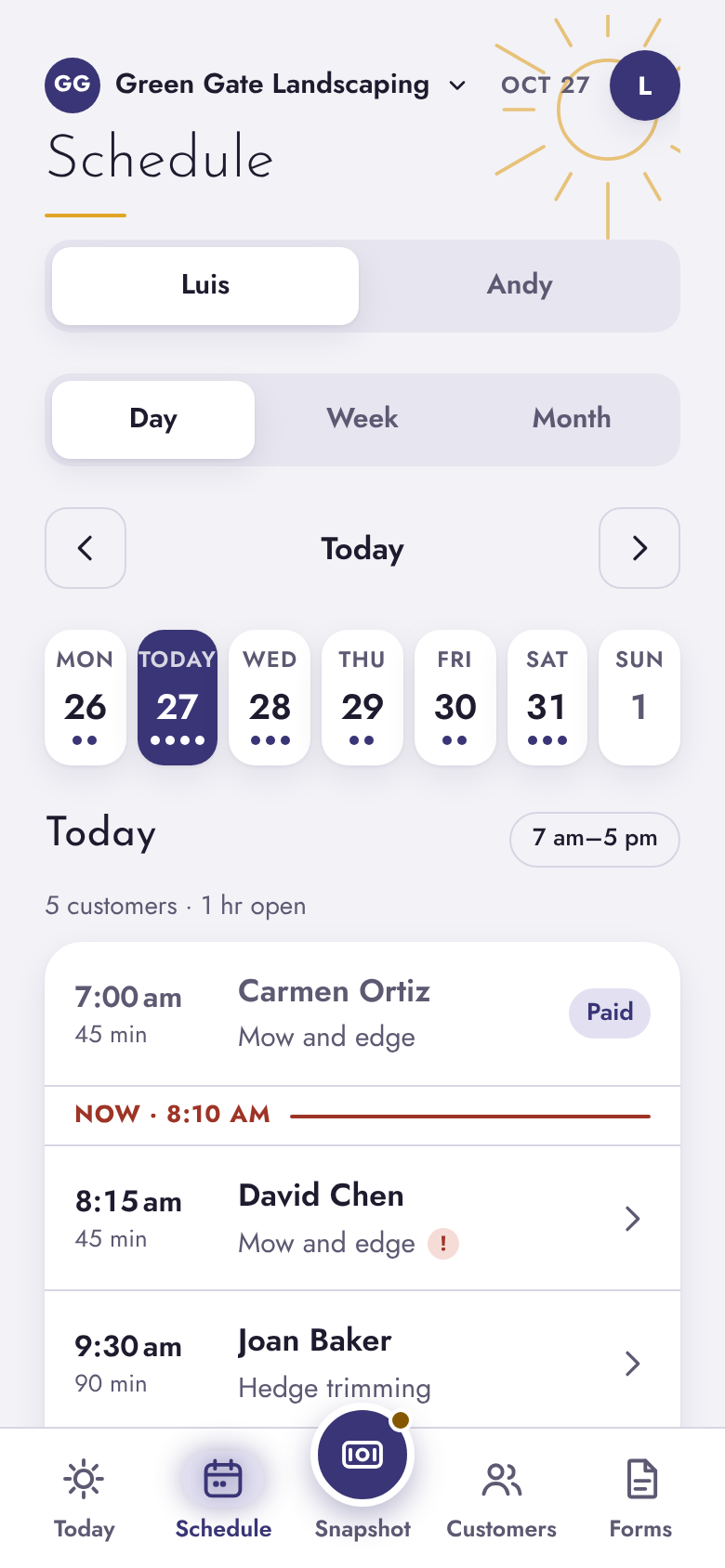 A landscaping crew's schedule for two people in SolePro