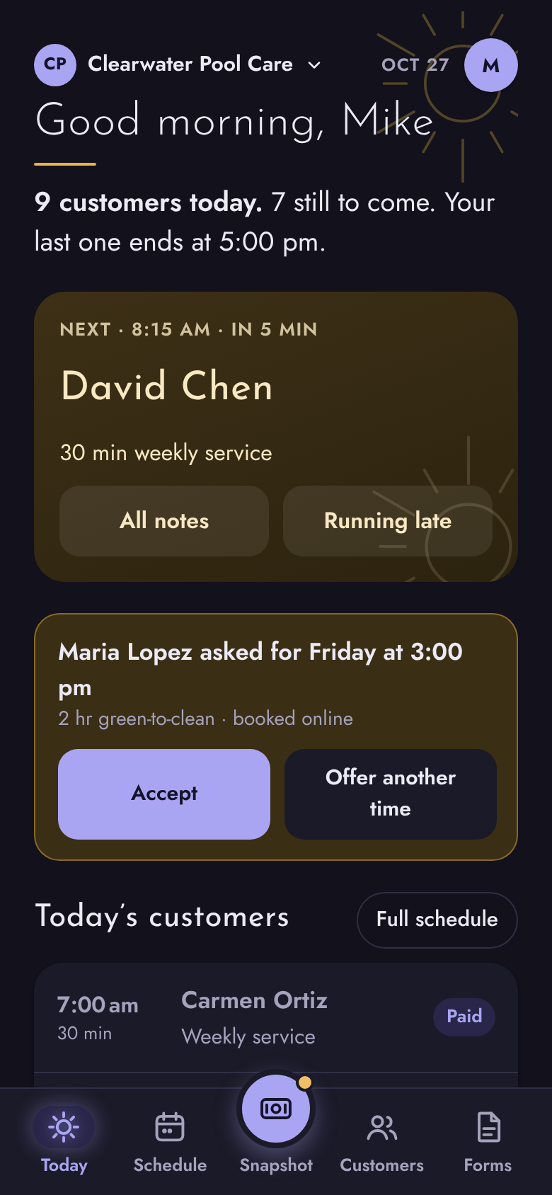 A pool service's Today screen in dark mode